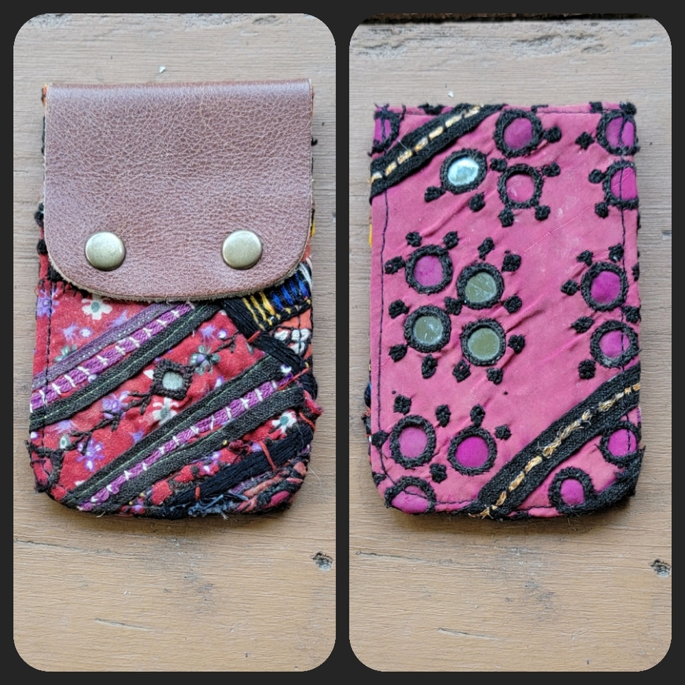 🧠🍳 Free People Boho Embroidered Repurposed vtg banjara hippie Wallet card case